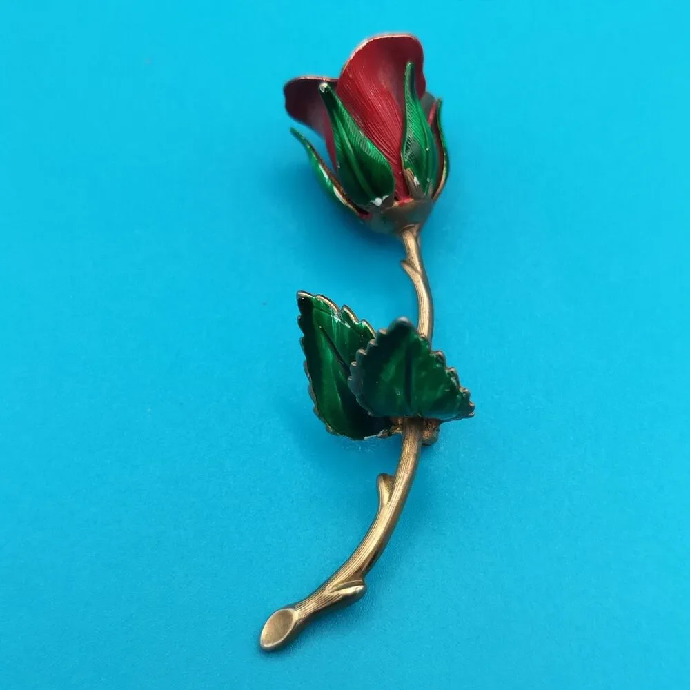 Vintage Rose Brooch Pin Red & Green Enamel Gold Tone Flower Jewelry
